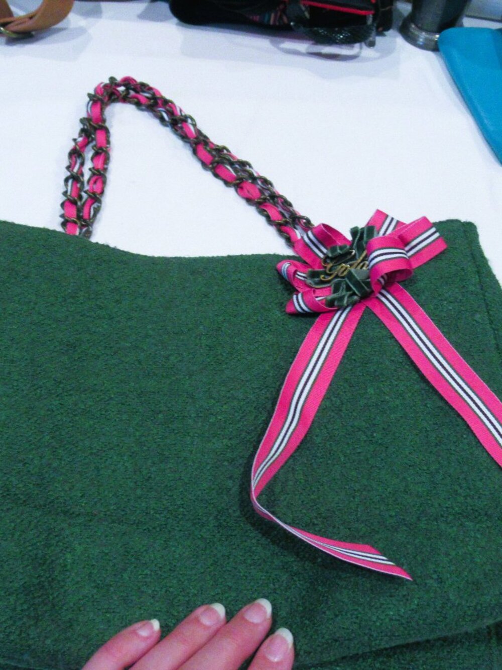 Goldie Limited Edition 4 green purse, pink grosgrain bow